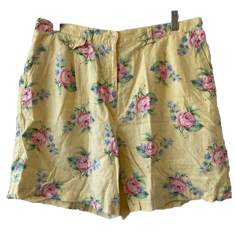 Lauren Ralph Lauren Size 16 100% Linen Shorts Yellow Floral Logo